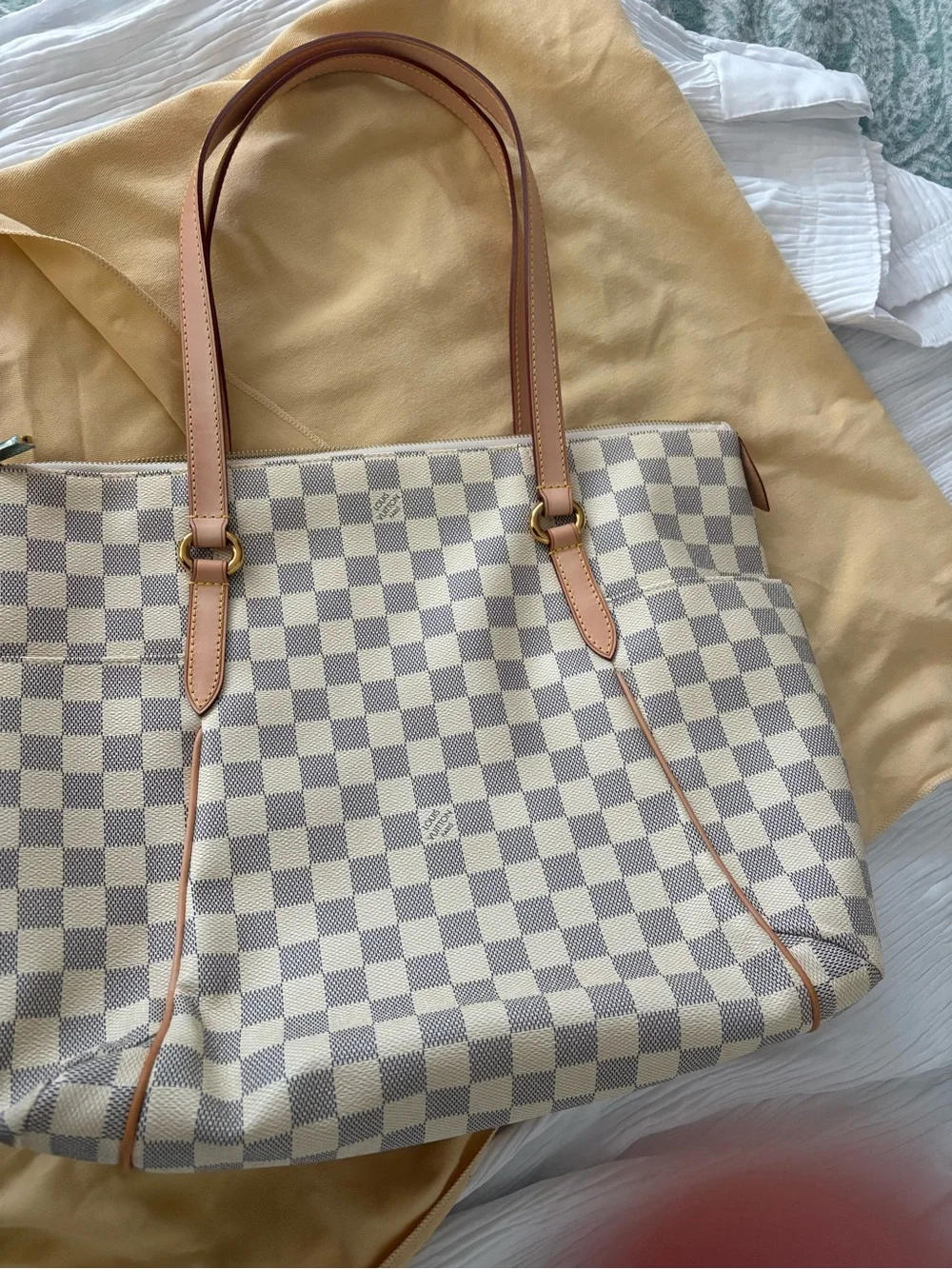 Louis Vuitton Damier Azur Checkered Tote with Tan Leather Handles